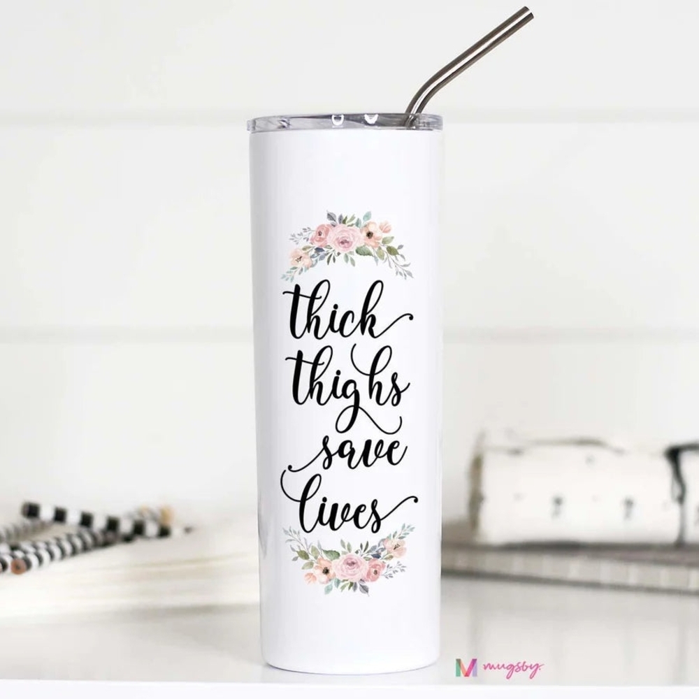 White Floral Insulated Tumbler with Straw